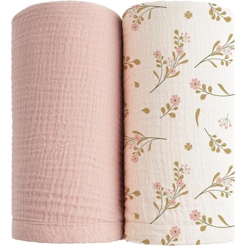 Konssy 2 Pack Muslin Swaddle Blankets, 100% Cotton Receiving Blankets | 47" x 47" Size, Ultra Soft & Lightweight, for Receiving & Swaddling, Newborn to Toddler, Boys & Girls (Floral,Pink)