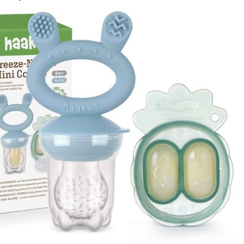 Haakaa Baby Fruit Food Feeder & Mini Freezer Nibble Tray Combo, Breastmilk Popsicle Molds for Baby Cooling Relief, BPA Free Silicone Feeder for Safe Infant Self Feeding, 4 Month+ (Sky Blue)