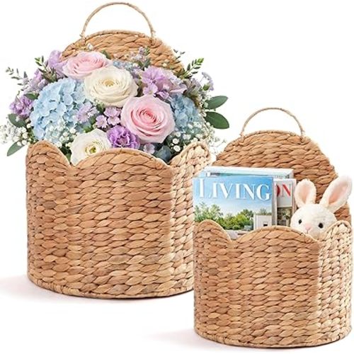2Pcs Water Hyacinth Scalloped Hanging Basket – Wall & Door Organizer with Loop Handle, Front-Entry Mail/Floral Holder, Boho Farmhouse Wicker Wall Décor, Handwoven in Vietnam, Natural Woven Storage Bin
