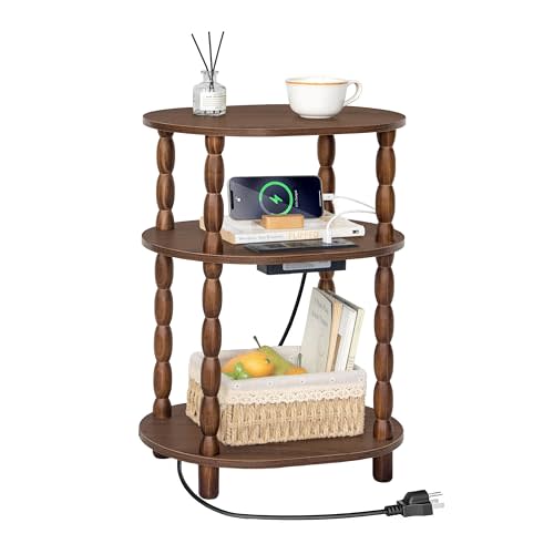 MaxSmeo Small Side Table with Charging Station, 3-Tier Small End Table with USB Ports and Outlets, Modern Oval Night Stand Accent Table for Living Room, Bedroom, Walnut Brown