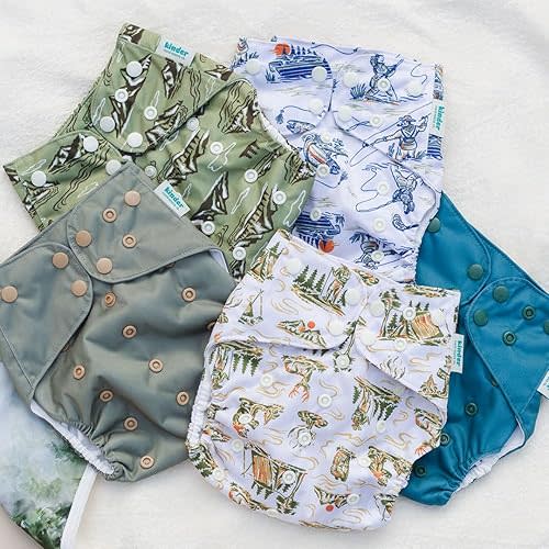 Kinder Cloth Diapers Reusable Baby Diapers Pocket Style Athletic Wicking Jersey, Bamboo Viscose Inserts, Wet Bag, Newborn to Potty Training 7-60lbs, One Size (Great Outdoors, 5 Pack, with Inserts)