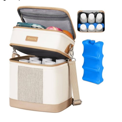 Mancro Breastmilk Cooler Bag with Ice Pack, Double Layer Insulated Baby Bottles Bag Fits 6 Bottles Up to 9 Ounces, Portable Breast Pump Cooler Travel Bag for Daycare and Nursing Moms, Beige