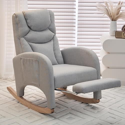 Rocking Chair Nursery, Modern Glider Chair with Adjustable Footrest and Solid Wood Legs, High Backrest Nursery Chair with Side Pocket, Rocker Armchair for Living Room Bedroom, Cotton Linen Light Gray