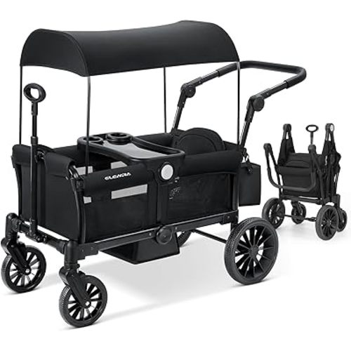 ELEMARA Stroller Wagon for 2 Kids, Foldable Wagon Stroller, Premium All Terrain Wagon for Kids, Kids Wagon Cart w/Removable Canopy, Adjustable Push/Pull Handle, Harnesses, Large Storage Bag, Black