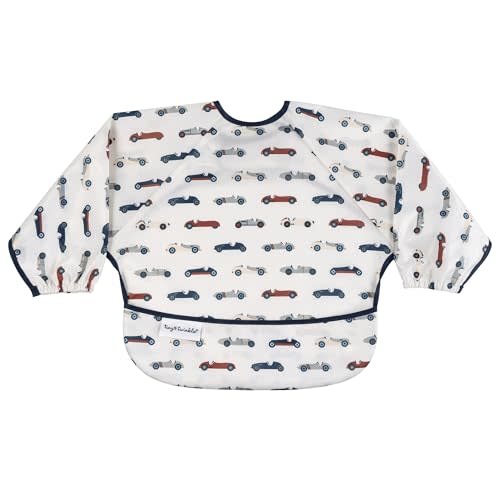 Tiny Twinkle Long Sleeve Bib for Babies & Toddlers | Waterproof Smock Bib for Eating | Machine Washable & Mess-Proof Feeding Essentials | Newborn Shower Gift (Vintage Cars, Small 6-24 Months)