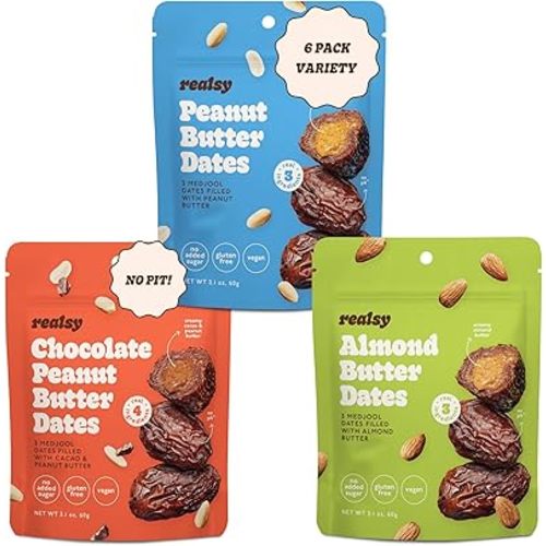 Realsy Pitted & Stuffed Medjool Dates, Organic Dates with No Sugar Added, Gluten-Free, Vegan, Good Source of Fiber, Low Glycemic Index, All Natural Healthy Snack (Variety 6 Pack)