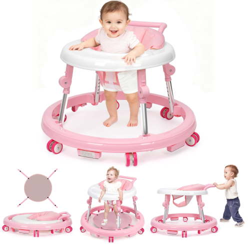 Baby Walker, One-Touch Folding 9 Adjustable Heights with Wheels Non-Slip for 6-18 Months,Pink