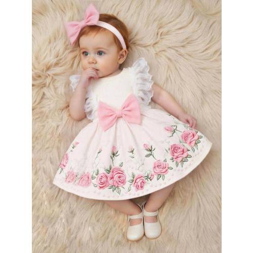 SHEIN Gorgeous Newborn Princess Dress, Delicate Lace Flared Sleeves, Ethereal, Soft Pink Oversized Bow Sweet & Cute, Embroidered Rose Hem With Pearl Accents, Matching Headband, Soft & Skin-Friendly Fabric | SHEIN USA