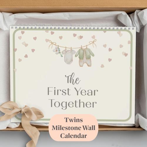 Twins First Year Milestone Calendar | Boy Girl Twin Baby Calendar | First Year Keepsake Gift | Monthly Baby Milestones | New Parents Gift
