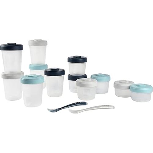 BEABA Clip Containers Set of 12 + 2 Spoons, Toddler Snack and Baby Food Storage Containers with Air Tight Lids, Writable Surface, Baby Travel Essential, (Rain)