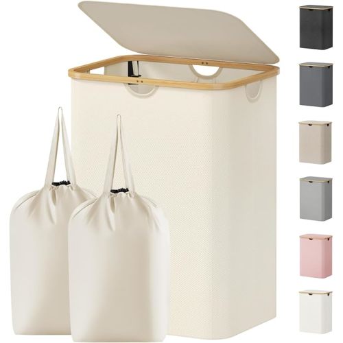 Lifewit 80L Laundry Basket with Lid, Clothes Hampers for Laundry with Bamboo Handles and 1 Removable Bag, Large Foldable Laundry Hamper for Bedroom, Bathroom, Dorm, Laundry Room, White