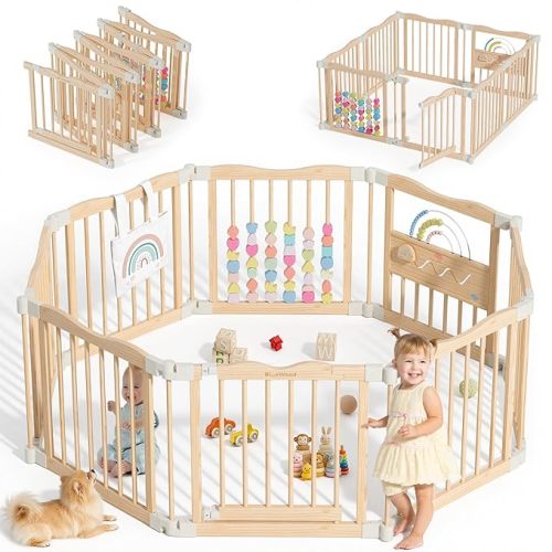 Foldable Wooden Playpen - Adjustable Wood Baby Play Yard with Child-Proof Lock, Indoor Large Safety Fence for Babies and Toddlers - Easy Assembly, 55 x 55 x 24 inches, Natural Rainbow Dream