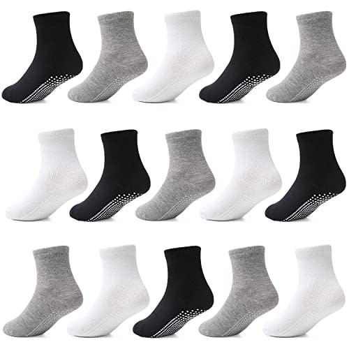 Tphon Toddler Kids Socks with Grippers for Boys Girls, Non Slip Grip Boys Socks 15 Pairs Half Cushion Crew Socks