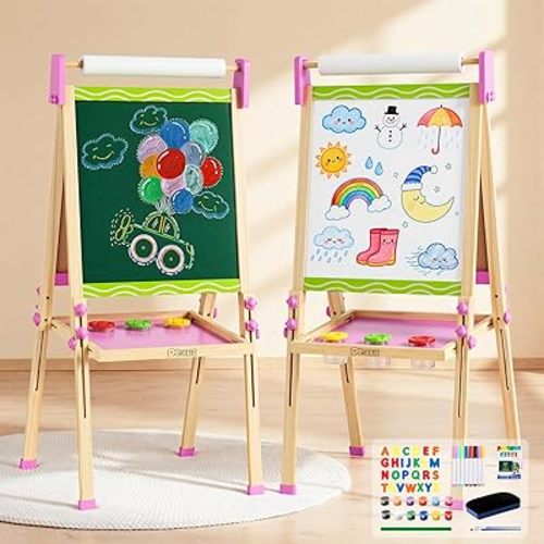 Doselie Easel for Kids,Adjustable Wooden Kids Art Easel with Paper Roll,Double-Sided Magnetic Toddler Easels,Dry Erase Whiteboard and Chalk Board,Toys for 3 4 5 6 7 8 9 10 Year Old Girl Boy Gift