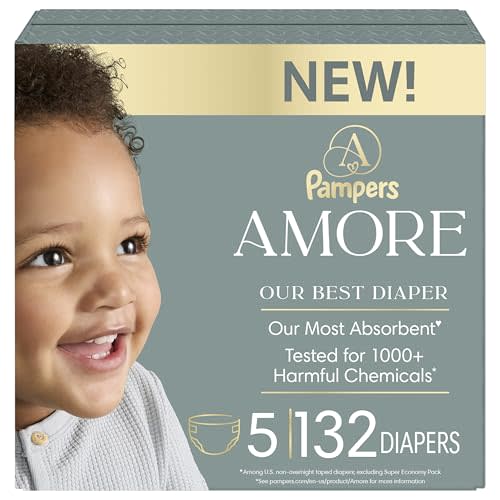 Pampers Amore, Size 5 (20-37 lbs), 132 Count, Our Best Diaper – Hypoallergenic & Fragrance Free, Up to 100% Leakproof, Soft as Cashmere