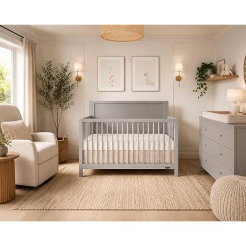 Dream On Me Dillian 5-in-1 Convertible Full-Size Baby Crib in Pebble Grey, GreenGuard Gold & JPMA, Converts to Toddler, Day & Full-Size Bed, 3 Mattress Heights, Sustainable Pinewood
