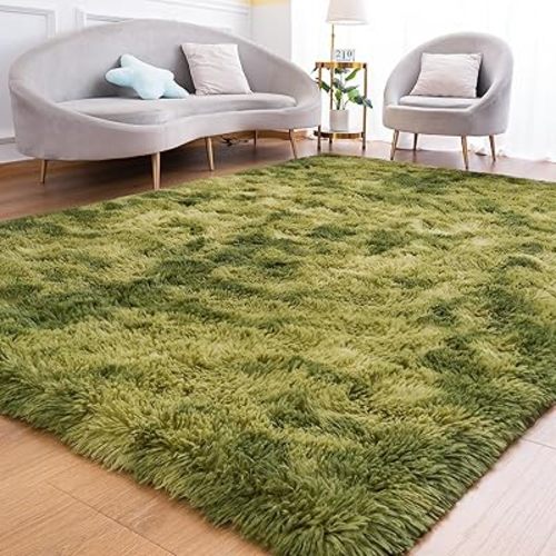 Fluffy Rug for Bedroom Living Room, 5x7 Green Area Rugs, Faux Fur Shag Modern Carpet Ultra Soft Girls Boys Room Home Decor, Tie-Dyed
