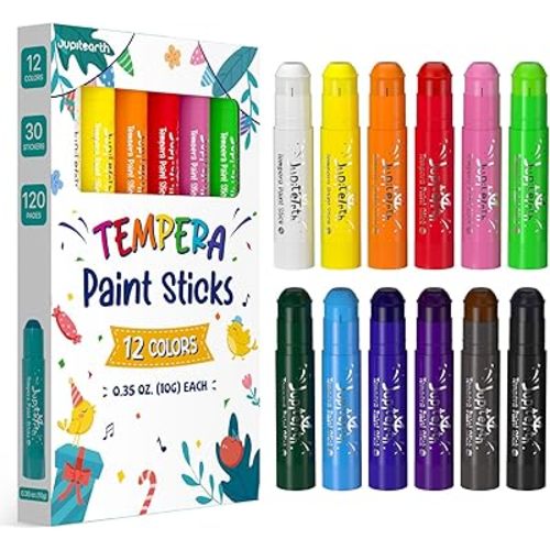 JUPITEARTH Paint Sticks for Kids 12 Colors, Quick Drying, Smooth, Non-Toxic and Washable Solid Tempera Paint Sticks with 120 PDF Coloring Pages and 30 Stickers, Toddler Art Supplies for Drawing