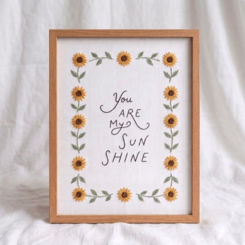 You Are My Sunshine Sunflower Hand Embroidery Frame, Hand-Embroidered Nursery Wall Art, Floral Baby Room Decor, Sweet Quote Gift, Baby Room