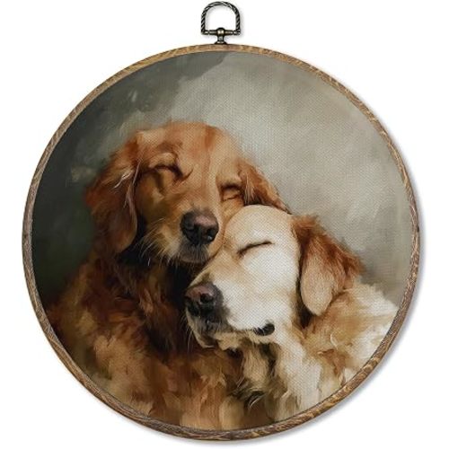 FUGWN Vintage Golden Retriever Round Wall Art Decor Framed, Golden Retriever Gifts for Women Canvas Artwork Prints, Rustic Farmhouse Dog Wall Hanging Decorations for Home Bedroom Room, 10x10 Inch