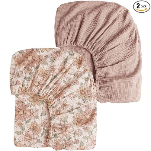 Konssy Muslin Crib Sheets for Girl Boy, 2 PCS Soft and Breathable Cotton Baby Sheets for Standard Crib Mattress, 52"x 28" (Vintage Petals,Taupe)