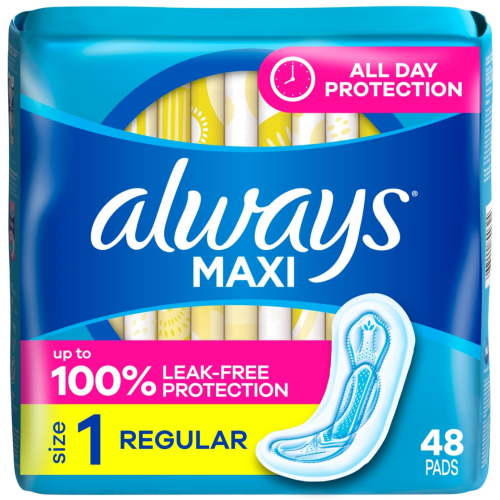 Always Maxi Pads without Wings, Size 1, Regular Absorbency, 48 Count HSA/FSA Eligible