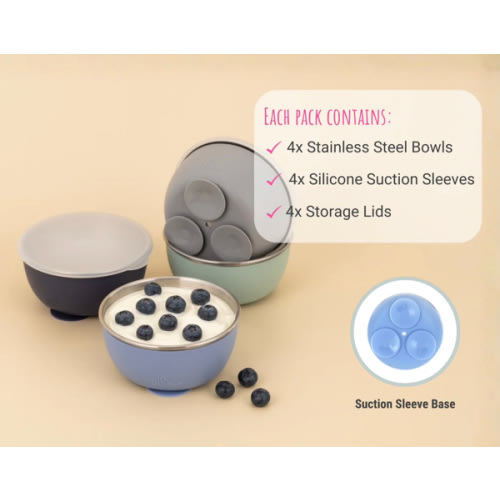 Stainless Steel Bowl with Silicone Suction Sleeve + Lids