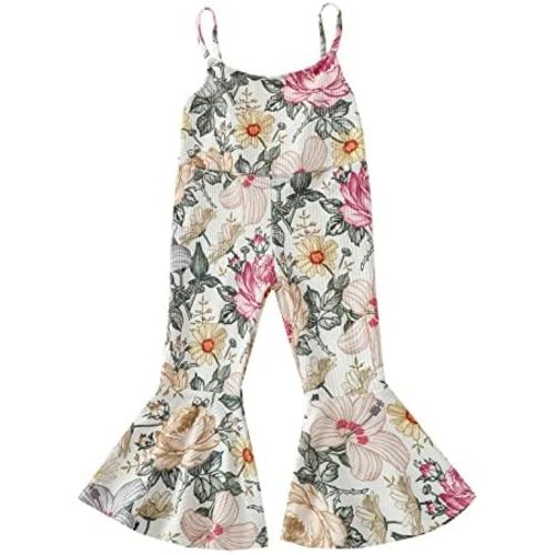 Emmababy Toddler Girl Bell Bottom Romper Baby Floral Suspender Pants Ribbed Jumpsuit Backless Flare Overalls Summer Playsuit