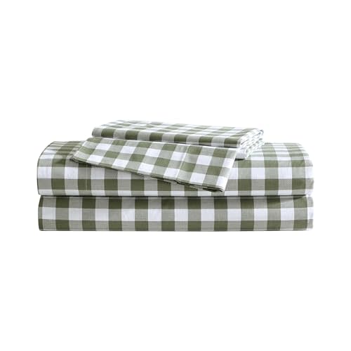 Eddie Bauer - Twin Sheet Set, Crisp & Cooling Sheets w/a Naturally Smooth Cotton Percale Lightweight Feel - Matching Pillowcase & Deep Pocket Fitted Sheet (Preston Check Green)