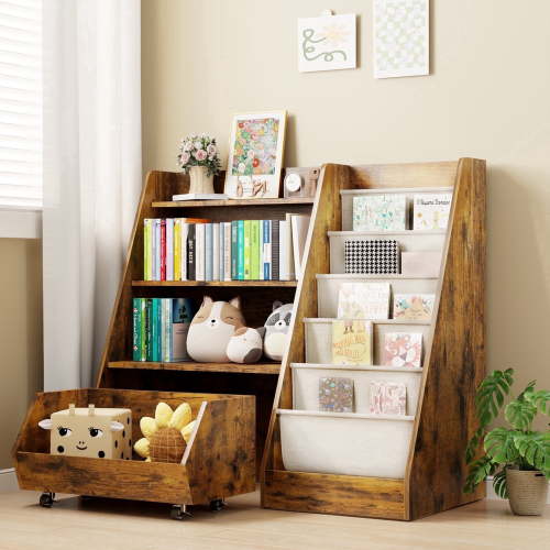 Scohul 3-in-1 Kids Bookshelf & Toy Storage Organizer, Nursery Bookcase with Rolling Bin for Toddlers, Walnut