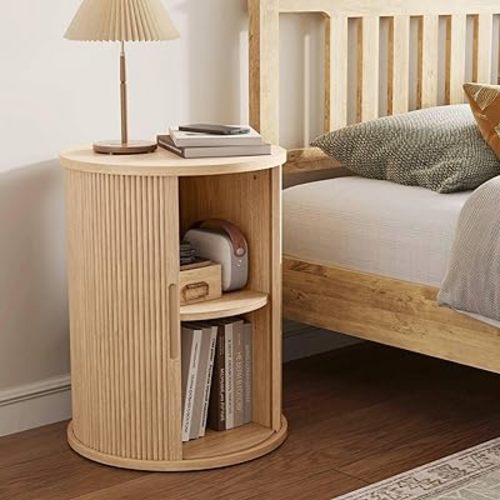 LINSY Round Fluted Nightstand, Mid Century Modern Tall Side Table with Storage, End Table with Sliding Tambour Doors, Adjustable Shelf, Small Wood Bedside Table for Bedroom, Living Room, Oak