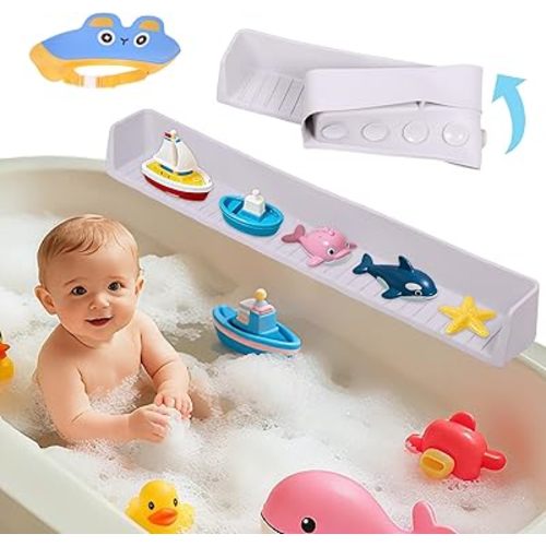 Bathtub Splash Guard for Tub Kids, Long Flexible Silicone Shower Splash Guard with Suction Cups, 2-in-1 Tub Ledge Organizer for Bath Toys & Supplies, Prevents Water Spills, Keeps Floor Dry(Grey)