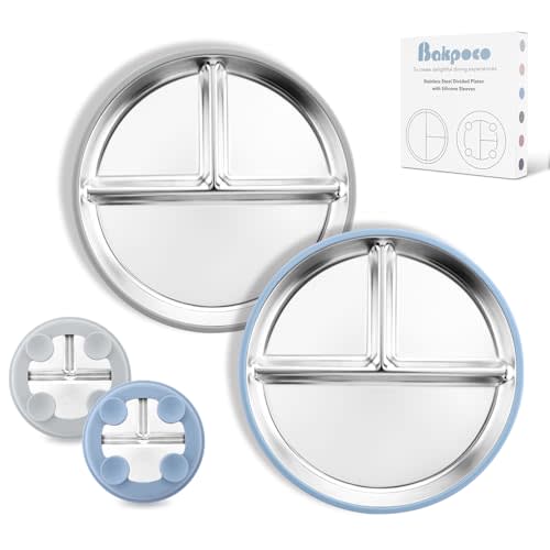 Bakpoco 8" Stainless Steel Toddler Plates with Suction, Divided Plates with Removable Silicone Sleeves for Baby, Non Toxic & BPA Free |Unbreakable |Dishwasher Safe Dinnerware Set of 2, Blue & Gray