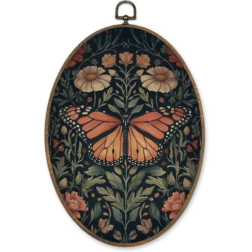 LKETW Vintage Butterfly Oval Wall Art Decor, William Morris Butterfly Floral Oval Canvas Hanging Decor, Retro Cottagecore Botanical Wall Decorations for Home Bedroom Living Room Office, 8.6x11.4 Inch