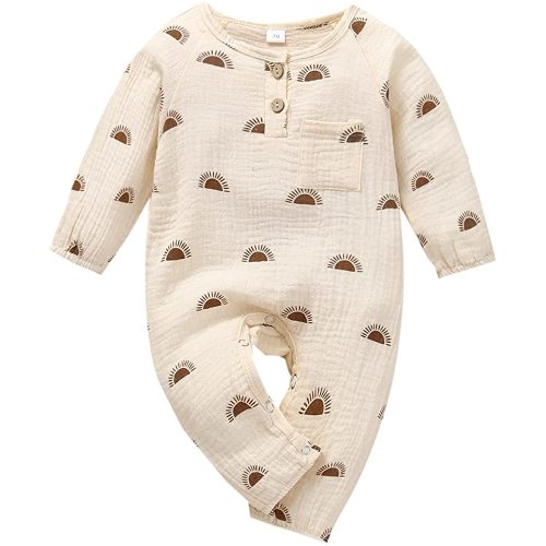 Newborn Infant Baby Boy Cotton Linen Button Sun Print Romper Bodysuit One Piece Jumpsuit Playsuits Outfits