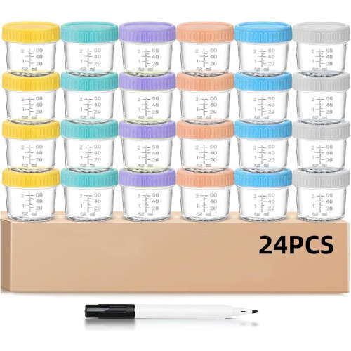 Yazoni 24 Pack Glass Baby Food Storage Containers, 4oz Baby Food Jars with a Marker Pen, Small Containers Freezer Storage with Airtight Lids Leak Proof for Baby Food