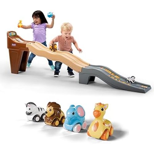 Simplay3 Safari Adventure Race Track, Dual Lane Toddler Racetrack, Car Ramp Toy for Indoor or Outdoor Play, 4 Toy Animal Cars Included, Made in USA