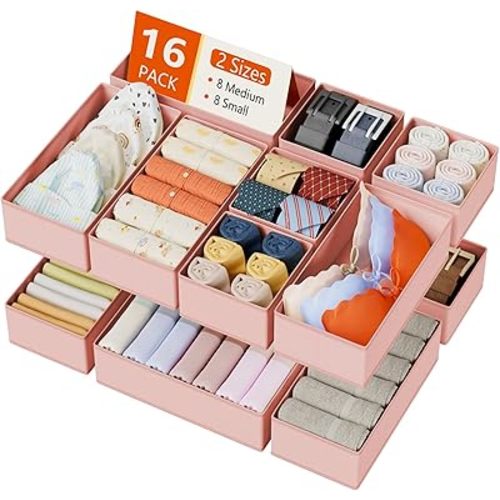 DIMJ Drawer Organizers Clothes, Set of 16 Dresser Organizer Bins, Fabric Closet Organizers and Storage, Shallow Drawer Dividers for Nursery, Clothing, Baby Clothes, Socks, Underwears, Tie (Pink)
