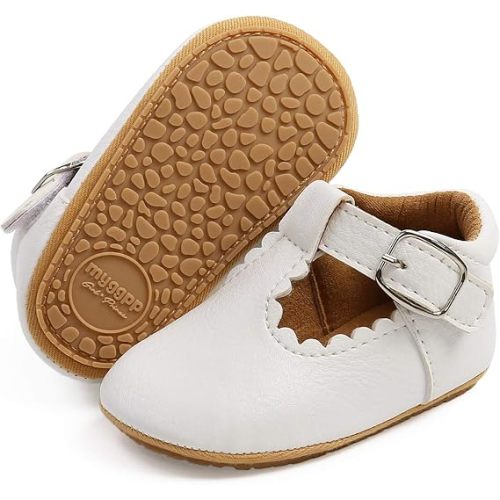 SOFMUO Baby Girl Mary Jane Flats Shoes Non Slip Soft Sole Infant Toddler First Walker Wedding Princess Dress Crib Shoes(A0/White,0-6 Months