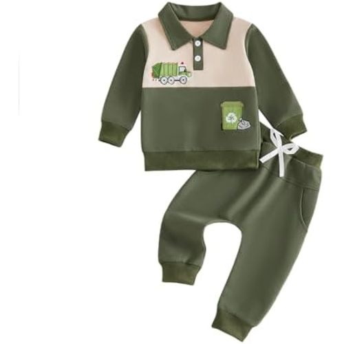 Baby Boy Fall Clothes Toddler Winter Outfits Long Sleeve Contrast Lapel Truck Embroidery Sweatshirt + Pants Sets