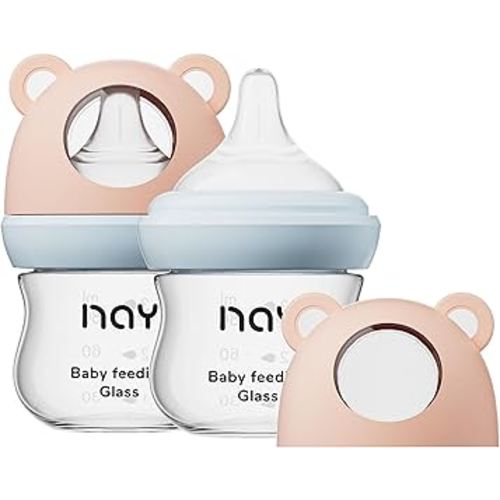 Natural Glass Baby Bottle for Breastfeeding Babies, 3oz Newborn Anti-Colic Baby Bottle with Slow Flow Nipples (SS), Clear, Wide Neck, 2 Pack, 0 Months+