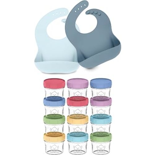 KeaBabies 2-Pack Baby Silicone Bibs and 12-Pack Baby Food Glass Containers - Waterproof, Easy Wipe Silicone Bib for Babies, Toddlers - 4 oz Leak-Proof, Microwavable, Baby Food Storage Container