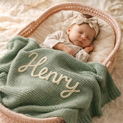 Personalized Baby Blanket with Name, Moon and Stars Knit Blanket, Custom Embroidered Newborn Gift, Baby Shower Gift