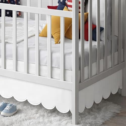 White Crib Skirt 28 x 52 Inch, Scalloped Edge Crib Bed Skirt with 14 Inch Drop, Ruffle Bed Skirts with Split Corners for Girls Boys Neutral, Fits Standard Cribs