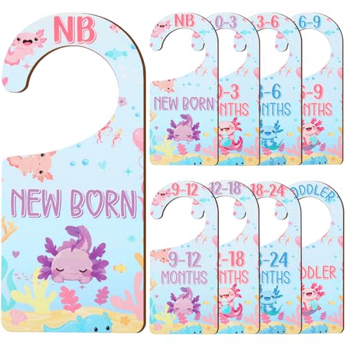 Baby Closet Dividers 8PCS, Axolotl Themed Wooden Double-Sided Clothes Size Hanger/Organizer from Newborn to Toddler for Nursery Decor Baby Shower Birthday Gender Reveal Party Gift
