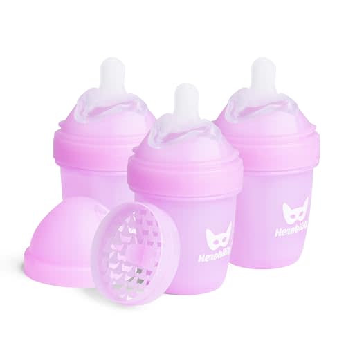 Herobility Anti-Colic Baby Bottles 5 oz / 140 ml – Pack of 3 Newborn Baby Bottles, Slow Flow Plastic Bottles, Breast-Shaped Teat for Breastfed Babies, Small Baby Bottles, Swedish Design, Purple