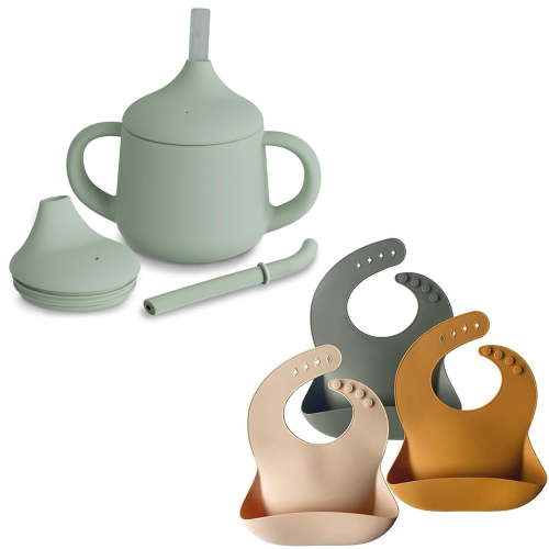 Ljia Silicone Baby Sippy Cups Set & Silicone Bibs Set of 3 | 4oz 3-Stage Training Cup for Infants & Toddlers | BPA-Free Soft Adjustable Waterproof Feeding Bibs for Babies A416