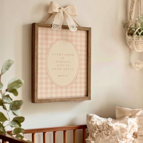 Vintage Gingham Baby Girl Christian Nursery Wall Print, Pink Bow Nursery Decor, Printable Christian Scripture Wall Art