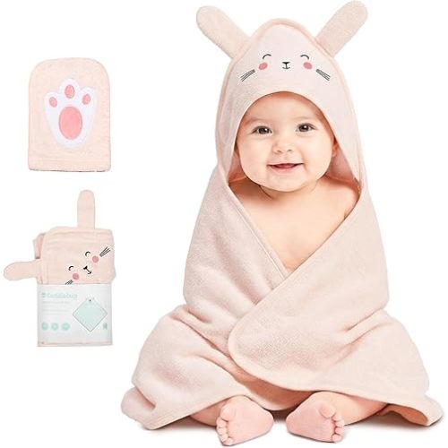 CuddleBug Premium Hooded Baby Bath Towel & Washcloth Set (Bunny) - 100% Cotton Terrycloth Hooded Baby Towels for Newborn & Toddler, Super-Soft & Absorbent, Newborn Essentials (30" x 30") - Blush Pink