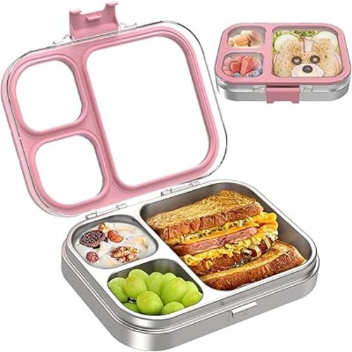Kids Stainless Steel Bento Box with Silicone Lid Leak-proof Toddlers Lunch Container 3 Compartments Dishwasher Safe Pink